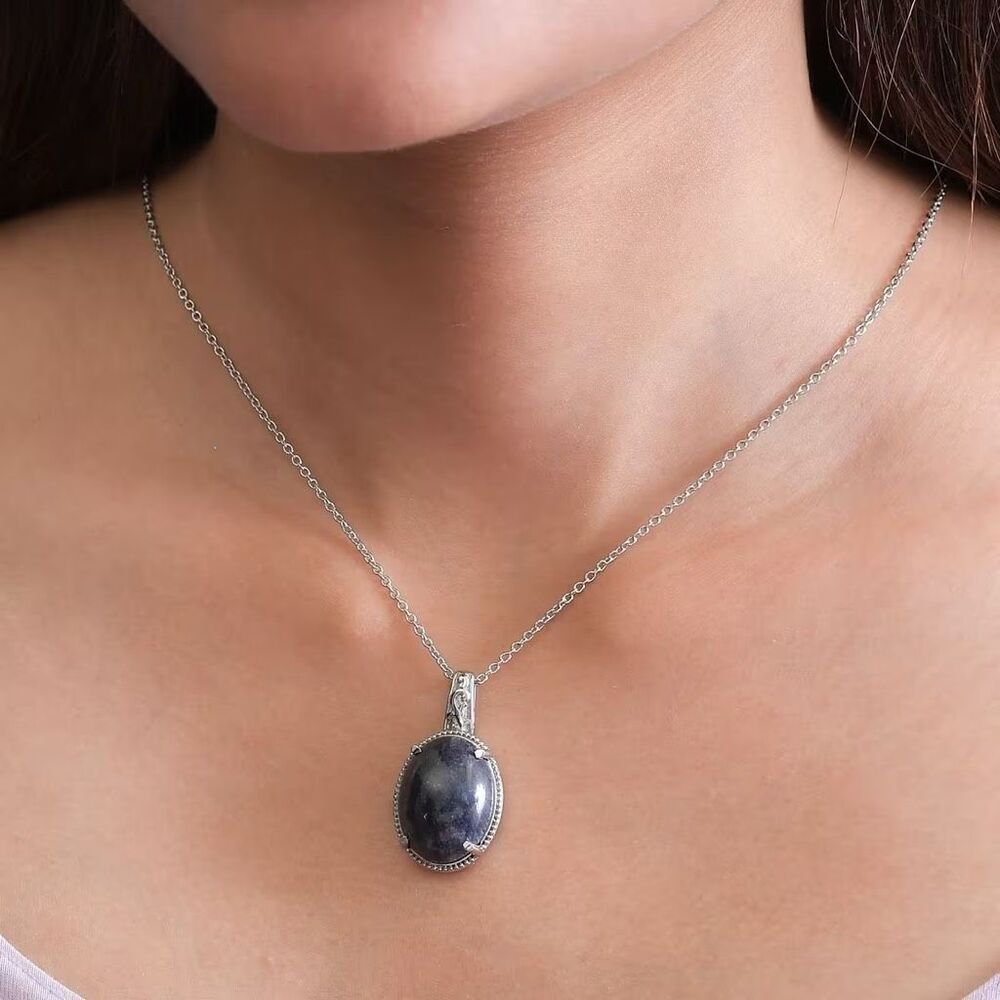 Blue Aventurine Oval Pendant Silver 20 In Necklace in 13.65 ctw New